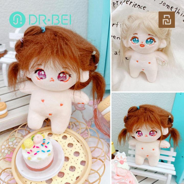 Stuffed Doll 10cm Cute Anime Girl Doll with Colorful Hair Big Eyes Unfinished Plush Toy for Kids Girls Pretend Play Game Naked Cotton Doll