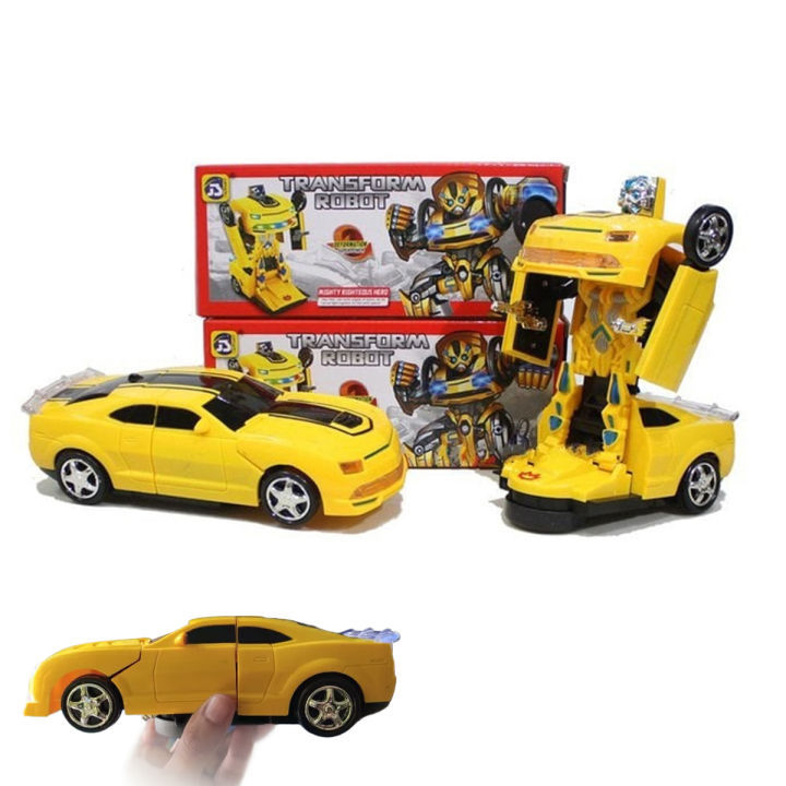Kids Electric Transformer Robot Car Toy – Automatic Transforming Car to Robot with Lights & Sounds, Rechargeable Action Robot Car for Boys, Yellow