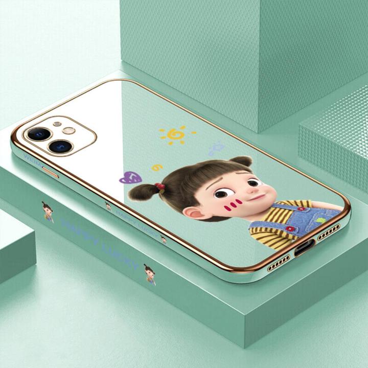 ZeroQiQi for iPhone 11 Back Cover Cute Girl Luxury 6D Plating Case Side Pattern Soft Silicone Square Mobile Phone Cases + Free Lanyard