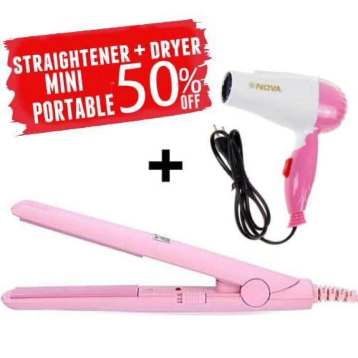 Combo Mini Portable Flat Hair Straightener + Mini Nova Hair Dryer
