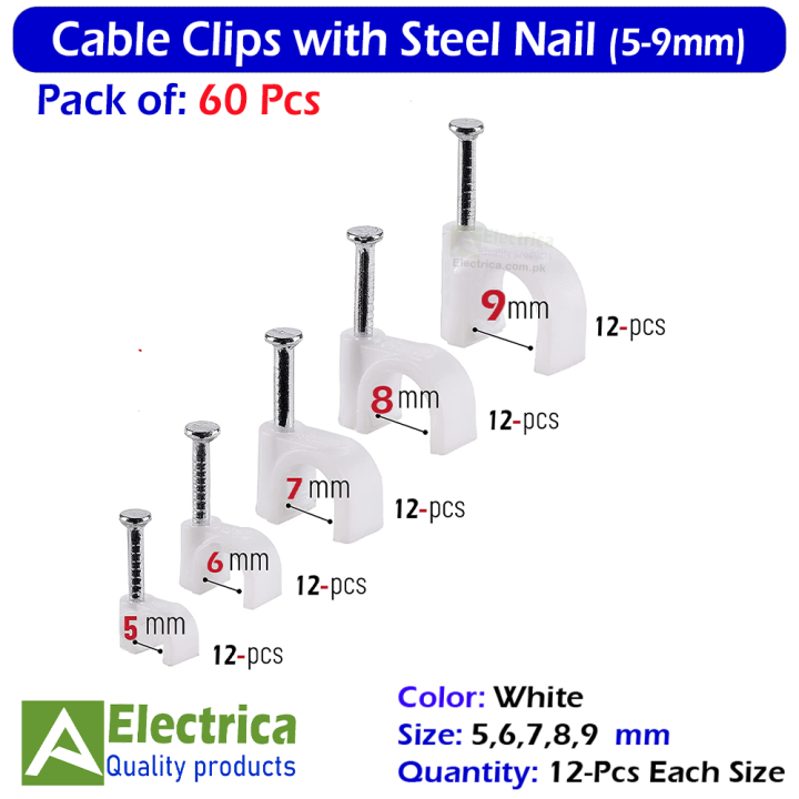 60 PCS Round Cable Clips White Cable Management 5, 6, 7, 8, 9mm Cable Nail Clips Electrical Cable Wall Clips for Wire Ethernet Cable, Telephone Cable, TV Wire by Electrica