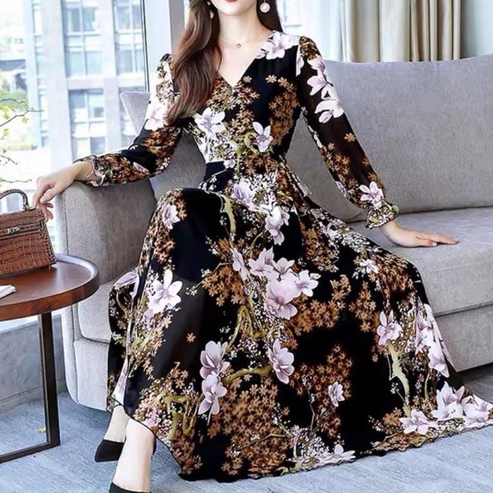 Women Long Sleeves Dress Trendy Flower Printing V Neck A line Skirt Fit Pullover Casual Midi Skirt color dark brown size S Daraz.pk