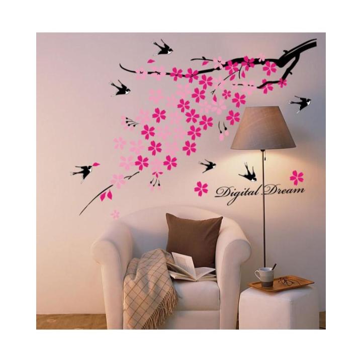 Flowers Wall Sticker Pink Birds DIY Wall Decor For Home/Office Colorful PVC Wall Paper Removeable Wall Decal