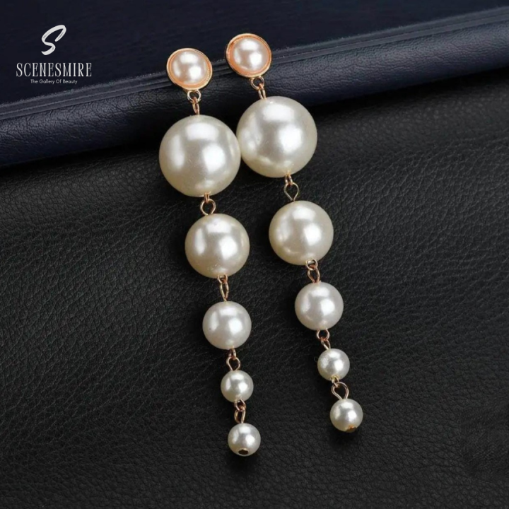 Elegant Off White Pearl Tassel Earrings with Stylish Korean Design Circle Long Studs White Pearls, Fashionable Earrings for Girls Best Friend and Girlfriend Gifts Stainless Steel Earring jewelry Collection of Stylish Earrings for women fashion accessories