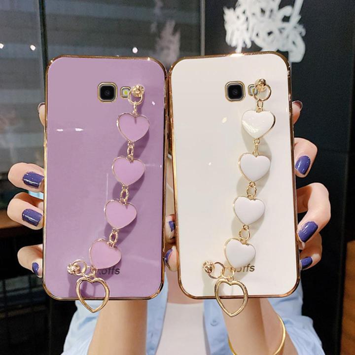 COROGI for Samsung Galaxy J5 Prime Back Cover with Love Heart Bracele Chain Luxury 6D Plating Square Frame Shiny Case Camera Lens Protection Soft Silicone Mobile Phone Cases