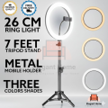 26cm Ring Light With Mobile Holder With 7Feet Tripod Stand in Three Different Mode Light 26CM/36CM Selfie LED Ring Light with 7ft Tripod Stand Mobile Phone Holder 26 CM ringlight 7 feet tripod stand 3 Modes RingLight Vlogging Light Mobile Phone Photograph. 