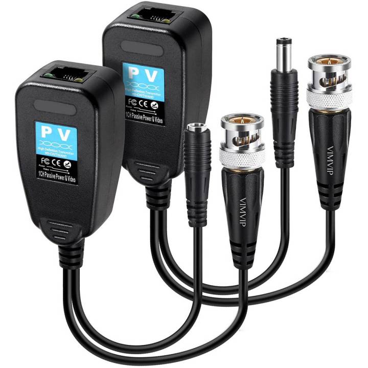VIMVIP HD-CVI/TVI/AHD Passive Video Balun with Power Connector and RJ45 CAT5 Data Transmitter 1 Pair