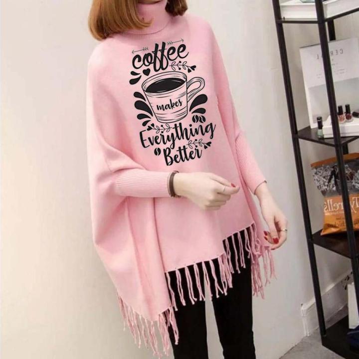 Winter Fashion Coffee Printed Poncho Sweater Poncho Style Top