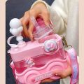 Vital Creations 1pc, Cute Cartoon Train Water Bottle with Straw and Strap Portable Drinking Cup for Summer Travel and Birthday Gifts. 