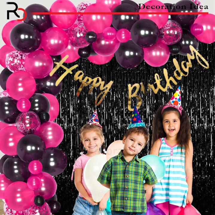 Pink and Black Happy Birthday Theme Set 1 Pcs Golden Bunting Banner +30 Pcs Balloons (15 Dark Pink Balloons+15 Pcs Black Balloons )5 Pcs Pink Confetti Balloons +1 Pcs Black Back Drop Curtain Beautiful Birthday Accessories Birthday Party Decorations