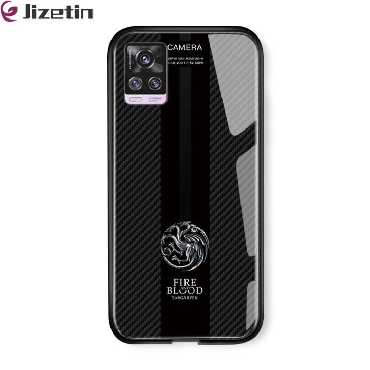 Jizetin for Vivo V20 Pro 5G Glass Back Cover Dargon Logo For Boys Glossy Tempered Glass Shockproof Soft Edge Phone Cases