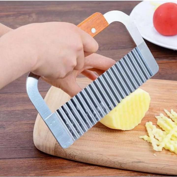 Finger Potato Chips Cutter Slicer Stainless Steel,Crinkle Cut Potato/Chip/Fruit/Vegetable Wavy Blade Cutting with Wooden Handle/French Fry Potato Cutter