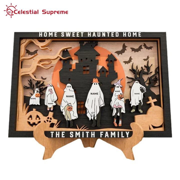 Cute Halloween Decoration Spooky Halloween Castle Bat Ghost Wooden Plaque Decor for Home Office Table Shelf Party Supply Halloween Wood Sign