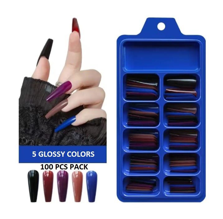 100 pcs Coffin Shape Nails 5 colours, For Girls, Artificial coloured long Nails, Nails For Girls Beautiful Fancy Nails Fake, Acrylic Nails Nails Kit 100pcs Set False Nails