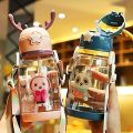 Cartoon Print Plastic Baby Water Bottle With Portable Anti Fall Straw 600ml. 