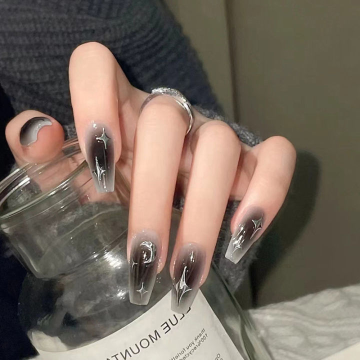 Y2k Fake Black Nail Long Ballet Reusable Adhesive Acrylic Press On Set Nails Dark Artificial False Nails Arts 24pcs MJ