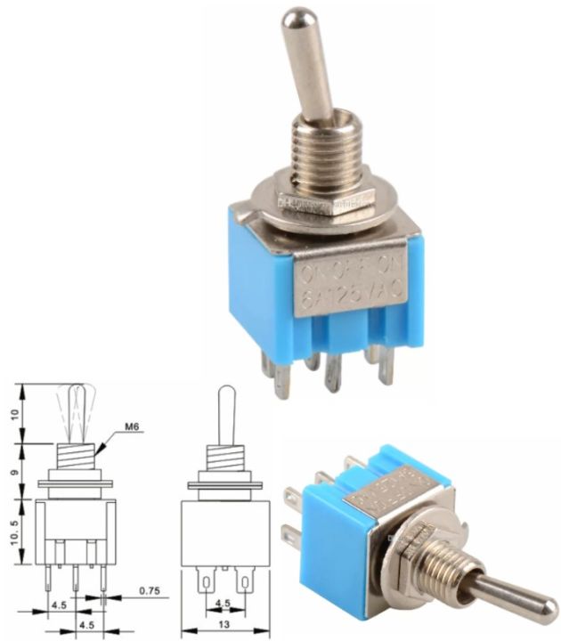 1pcs Switch MTS-203 6 Pin DPDT ON-OFF-ON Toggle 6A