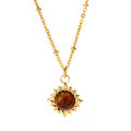 Wholesale Trendy Tiger Eye Stone Pendant Necklace Gold Plated Stainless Steel Brown Flower Necklace For Women Daily. 