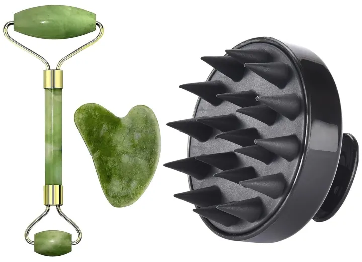 Hair Scalp Massager and Jade Roller & Guasha Tool Natural Himalayan Stone for Face Neck Healing Skin Wrinkles & Serum Application.