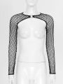 Women O Ring Long Sleeve Sheer Mesh Shrug T-Shirts See-Through Fishnet Cover Up Shirts Mock Neck Mini Crop Top Party Club. 