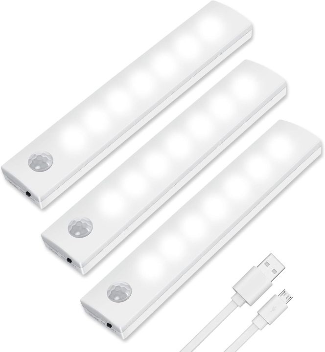 Vicloon Motion Sensor Cabinet Lights, 3 Pack LED Cupboard Lights, Auto On/Off LED Closet Light, Wireless USB Rechargeable Cabinet Night Light with Magnetic Strip for Wardrobe, Cabinet, Stairs [Energy Class A+++]