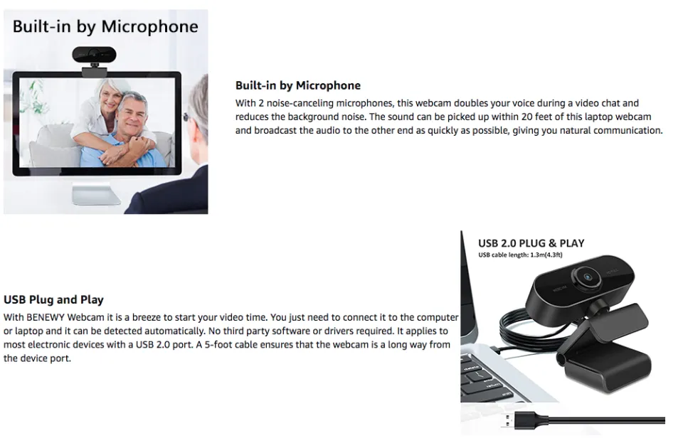 Webcam with Microphone, 30 FPS Full HD 1080P Video Camera for