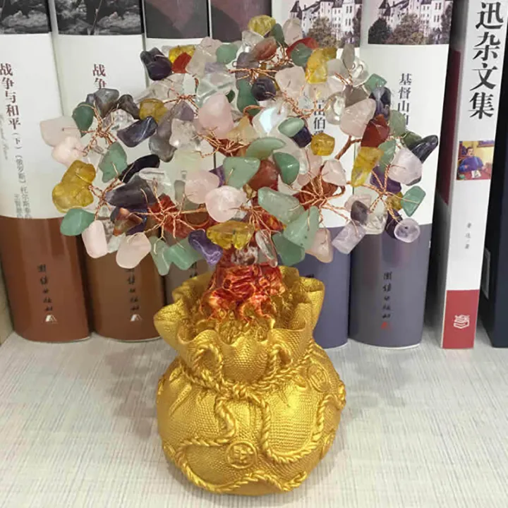 Feng Shui Money Wealth Tree Yellow Citrine Amethyst Crystal Lucky Tree Decor Cologo