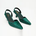 Trending High heel sandals women's shoes green rhinestone wedding toe mules. 