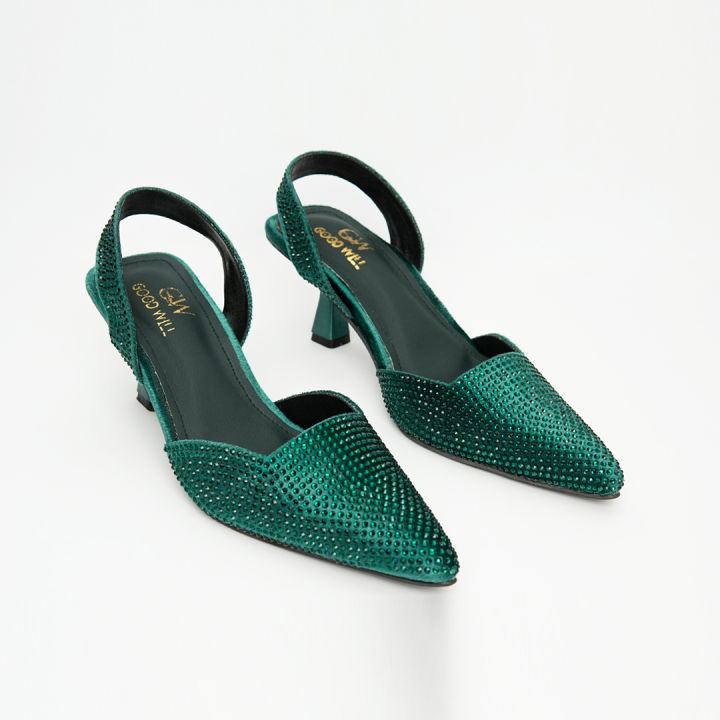 Trending High heel sandals women's shoes green rhinestone wedding toe mules