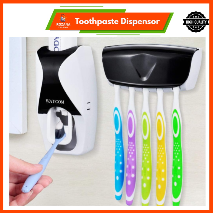 Automatic Toothpaste Dispenser with Toothbrush Holder | Wall Mounted Family Set | 5-Slot Hygienic Toothbrush Storage | No Mess Vacuum Pump Squeezer | Durable Plastic Bathroom Organizer