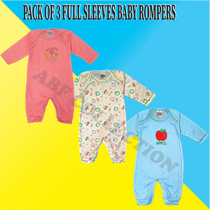 Pack Of 3 Baby Rompers - Newborn Baby Inner Full Sleeves Suit - Newborn Baby Body Suits - Size 0-3 Months - Multicolor