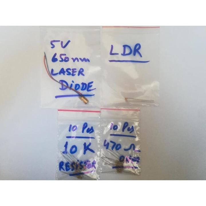 Student Electronic Project Kit#16 (Kit Number 16 with 4 Parts) - Resistor 10K 1/4W 10Pcs - Resistor 1/4W 470 Ω 10Pcs - 5V 650nm Laser Diode 1Pcs - LDR Sensor 1Pcs
