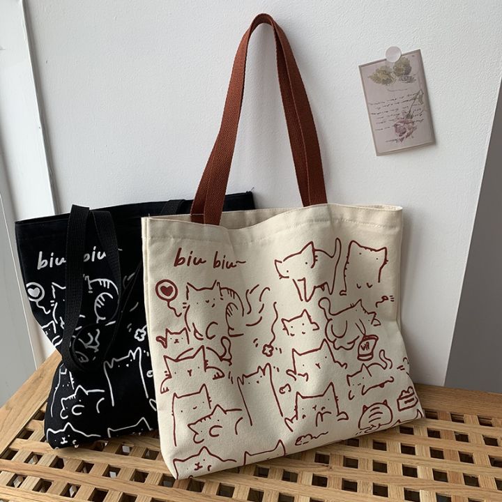 Canvas Bags Handbag for Women Shopper Cute Cat Tote Bag with Zipper Designer Bag Japanese Style Cartoon Small Shoulder Bags House Foocus