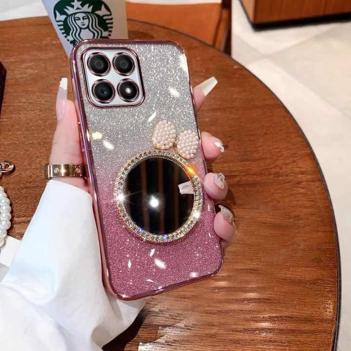 For Honor X6 4G / Honor X6A / Honor X5 Plus Back Cover with Bow Makeup Mirror Luxury 6D Plating Shiny Glitter Stylish Phone Case Clear Soft Silicone Protective Cases Pouch for Women Girls