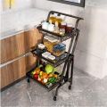 Techmanistan 3 Tier Parallel Folding Portable Kitchen Cart With Removable Basket, Multifunction Storage Rack Kitchen Organizer Metal Stand, 90°-180° Adjustable Angle Rolling Cart Rolling Shelf 3 Tier Trolley Stall Parallel Folding, Kitchen Storage Cart. 