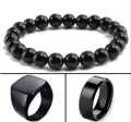 Black Combo Deal 3 In 1 Big Beads Bracelet 1 Ring & Chala For Men & Boys. 