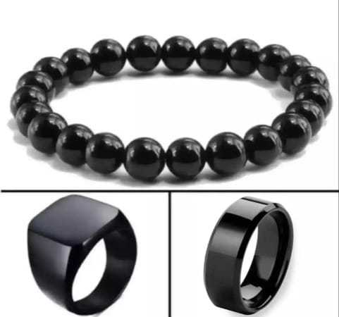 Black Combo Deal 3 In 1 Big Beads Bracelet 1 Ring & Chala For Men & Boys