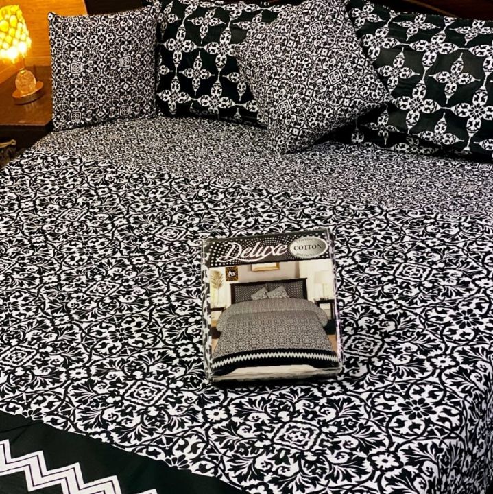 5 Pc Pure Cotton Bedsheet With 2 Pillow Cover & 1 Cuaion Cover King Size Double Cotton Bedsheet