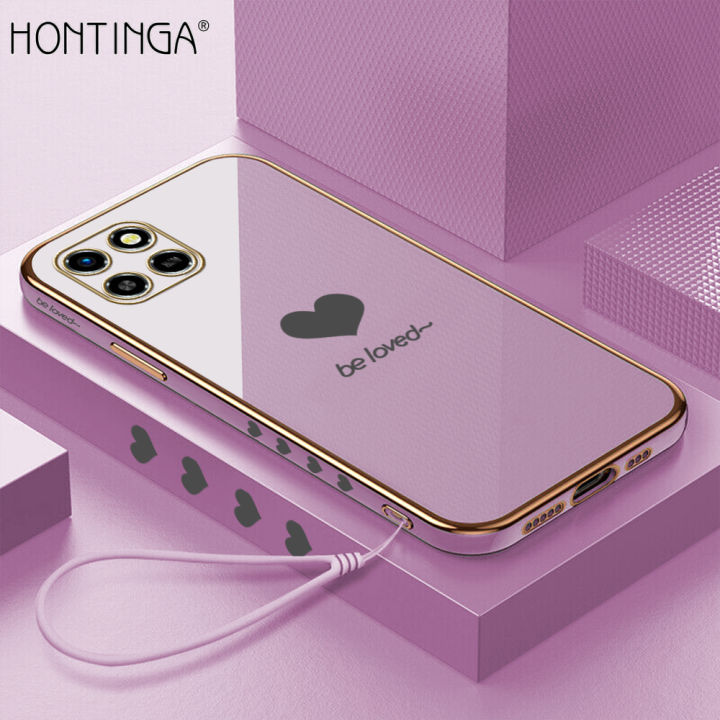 Hontinga for Infinix Smart 6 HD Back Cover（Free Lanyard）Luxury 6D Plating Lover Heart Side Pattern Case Soft Silicone Square Mobile Cover