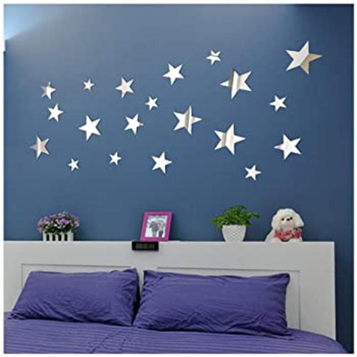 20Pcs 3D Star Shape Acrylic Mirror Wall Stickers Floor Stickers DIY Art Mural Decals for Kids Room Living Room Home Decor Removable (Silver)