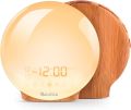 COULAX Wake Up Light Wood Grain Sunrise Alarm, Radio Clock Sunset Simulation Night Light with FM Radio, Snooze Function and Atmosphere Lamp Light Function. 