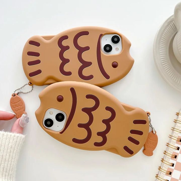 Cute Cartoon Animal 3D Taiyaki Fish Phone Case For iphone 15 14 13 12 11 Shockproof Bumper Soft bubble Phone Cover kids