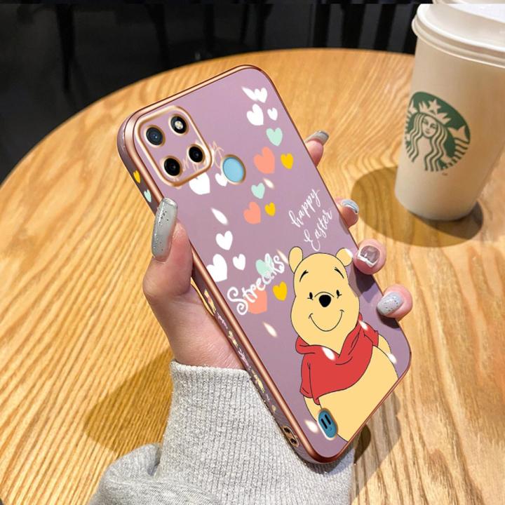 chenyyka For Realme C21Y Case Thin New Design Side Edge Square Phone Cases Aesthetic Cartoon Winnie The Pooh Pattern Plating Silicone Casing Full Back Cover Camera Protection Shockproof Softcase