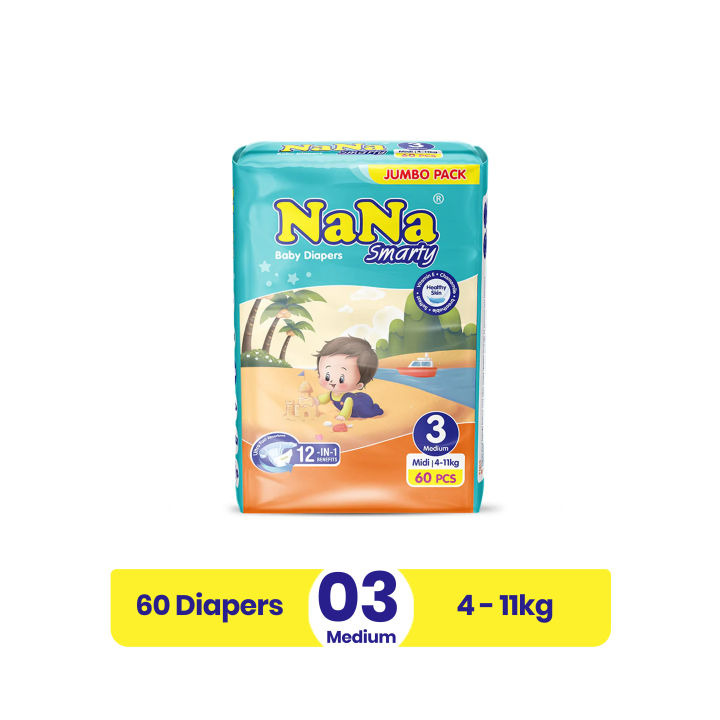 NaNa Smarty Diapers - New Jumbo Pack - Medium Size 3 - 60 Pcs - 4-11kg