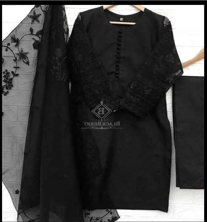 HHR001 -Black silk suit embroided side panels with dupatta.