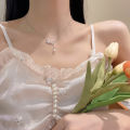 South Korea Delicate Bead-Set Diamond Butterfly Pearl Necklace Women's All-Match Fairy Temperamental Titanium Steel Clavicle Chain. 