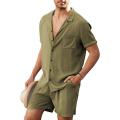 Yfashion Men Linen Shirt Shorts Set Summer Loose Casual Short Sleeve Lapel Cardigan Tops Shorts Suit color. 