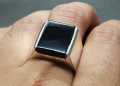 Square Shape Natural Black Agate Women Plain Ring Sterling Silver 925 Handmade Black Aqeeq Ring. 