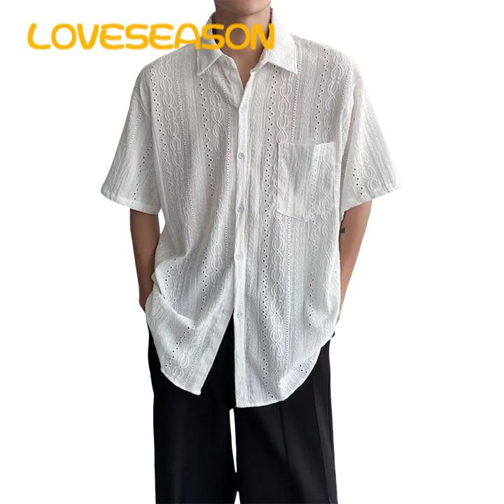 Men Button-up Shirt Men's Hollow Out See-through Shirt Retro Style Streetwear Club Party Top Men Loose Fit Shirt