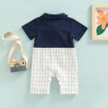 Baby Boy's Romper, Lapel Collar Short Sleeve Bow-Tied Plaid Printed One Piece Patchwork Jumpsuit. 